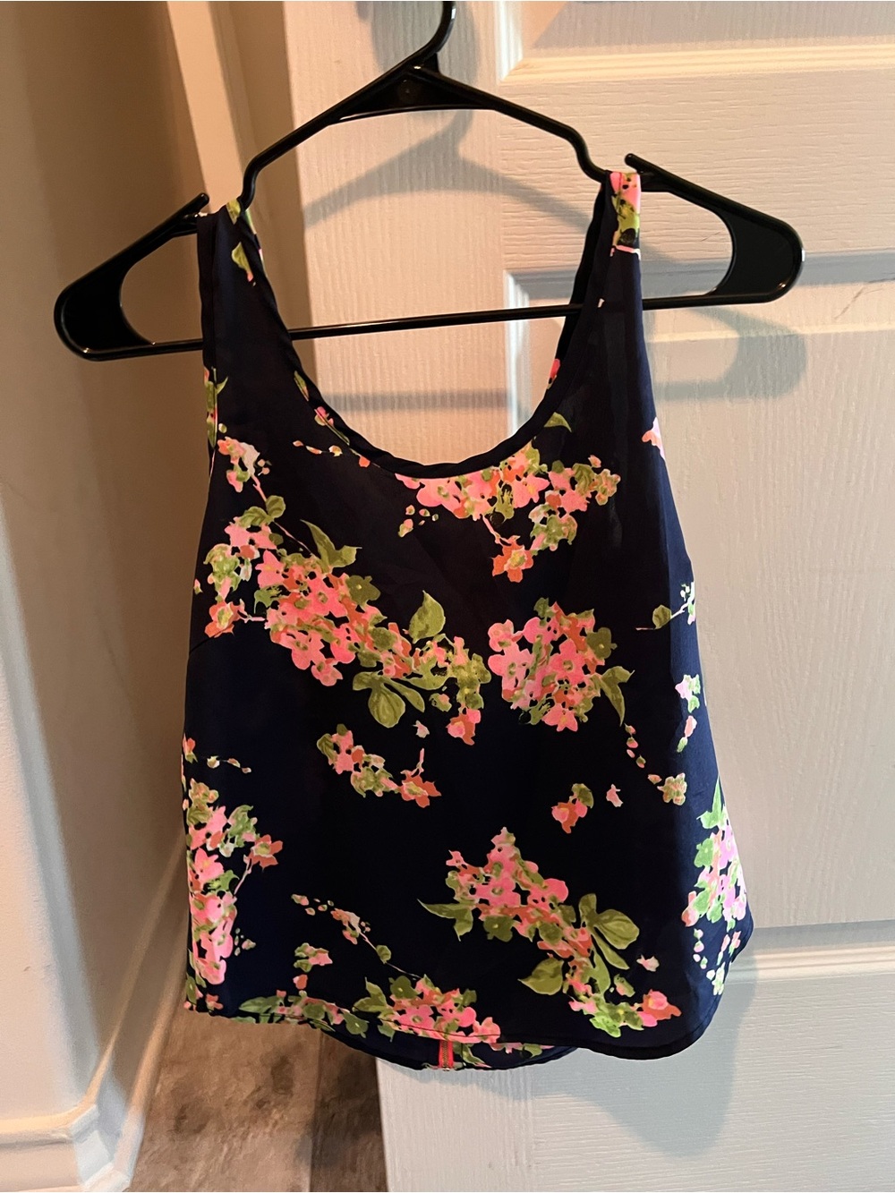 Navy Floral Tank Top with Pink & Green Blossoms